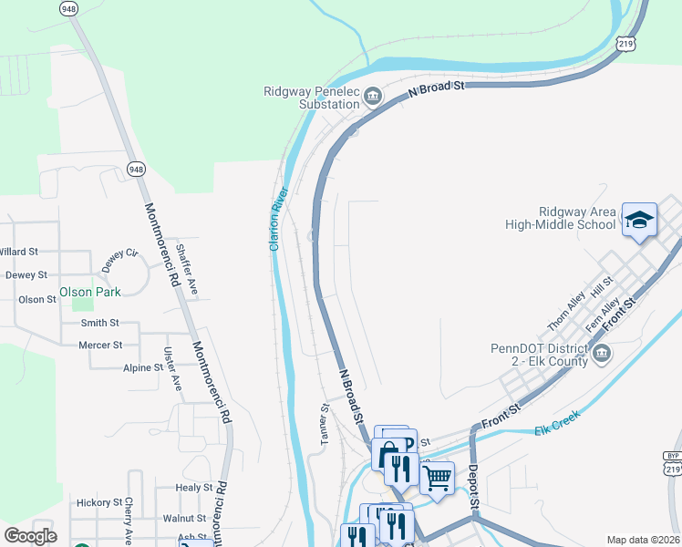 map of restaurants, bars, coffee shops, grocery stores, and more near 520 Rock Street in Ridgway