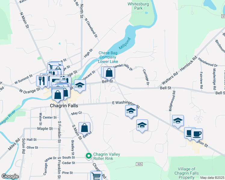 map of restaurants, bars, coffee shops, grocery stores, and more near 70 Commons Court in Chagrin Falls