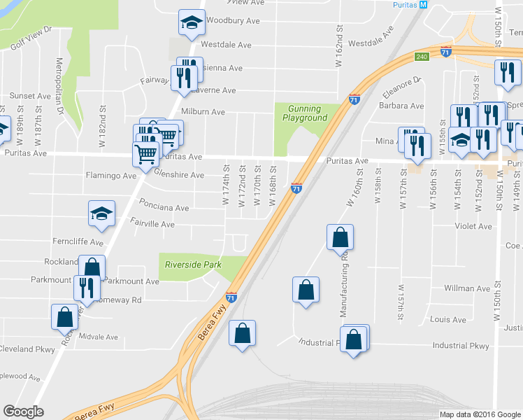 map of restaurants, bars, coffee shops, grocery stores, and more near 4533 W 170th St in Cleveland