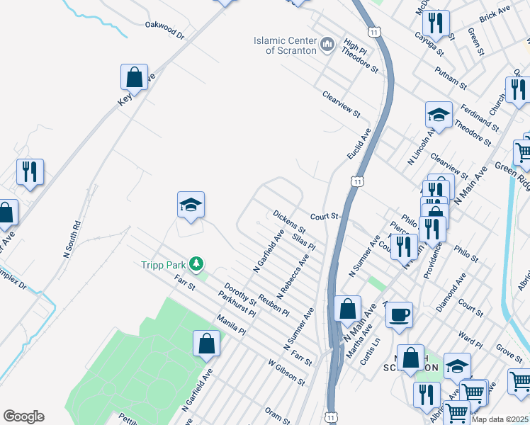 map of restaurants, bars, coffee shops, grocery stores, and more near Dickens Street in Scranton