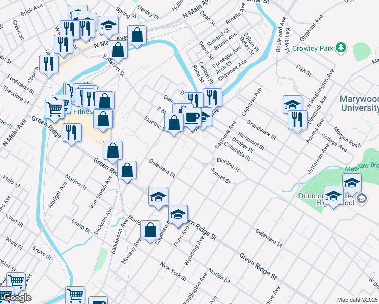 map of restaurants, bars, coffee shops, grocery stores, and more near 1757 Monsey Avenue in Scranton