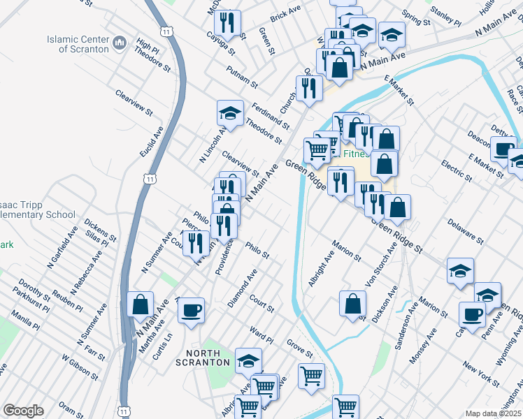 map of restaurants, bars, coffee shops, grocery stores, and more near 1014 Wood Street in Scranton