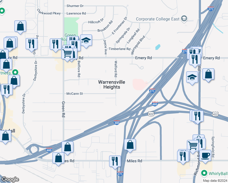 map of restaurants, bars, coffee shops, grocery stores, and more near 4738 Walford Road in Warrensville Heights