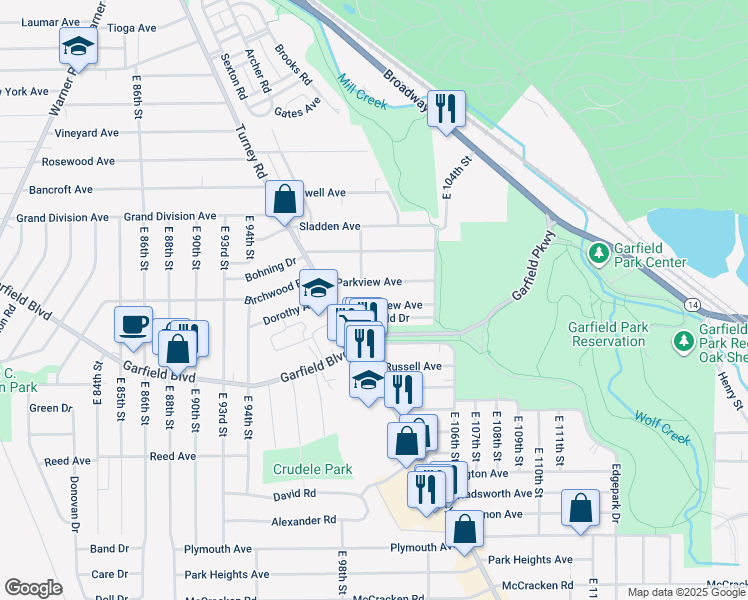map of restaurants, bars, coffee shops, grocery stores, and more near 9915 Greenview Avenue in Garfield Heights