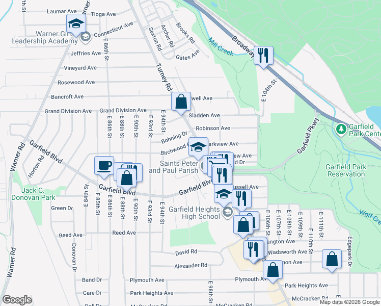 map of restaurants, bars, coffee shops, grocery stores, and more near 9531 Dorothy Ave in Garfield Heights