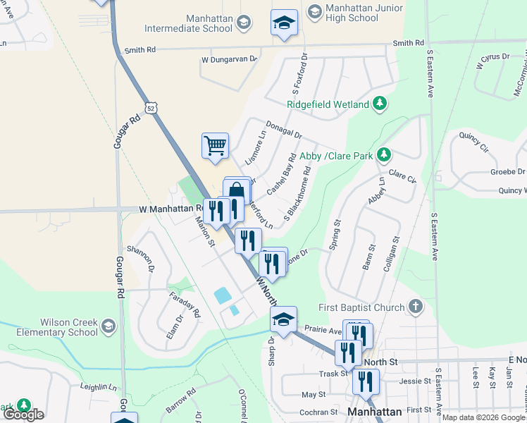 map of restaurants, bars, coffee shops, grocery stores, and more near 15624 Waterford Lane in Manhattan