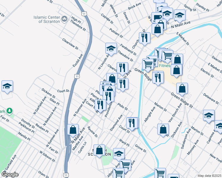 map of restaurants, bars, coffee shops, grocery stores, and more near 134 Bullshead Court in Scranton
