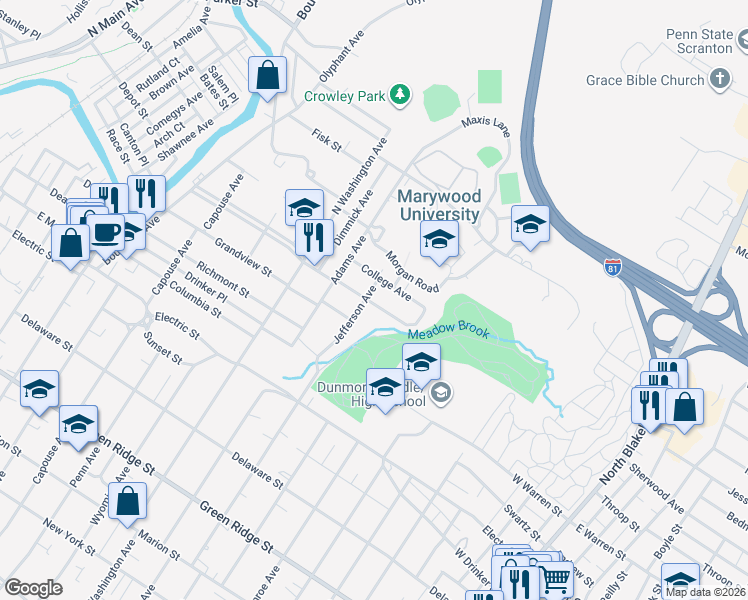 map of restaurants, bars, coffee shops, grocery stores, and more near 2202 Jefferson Ave in Dunmore