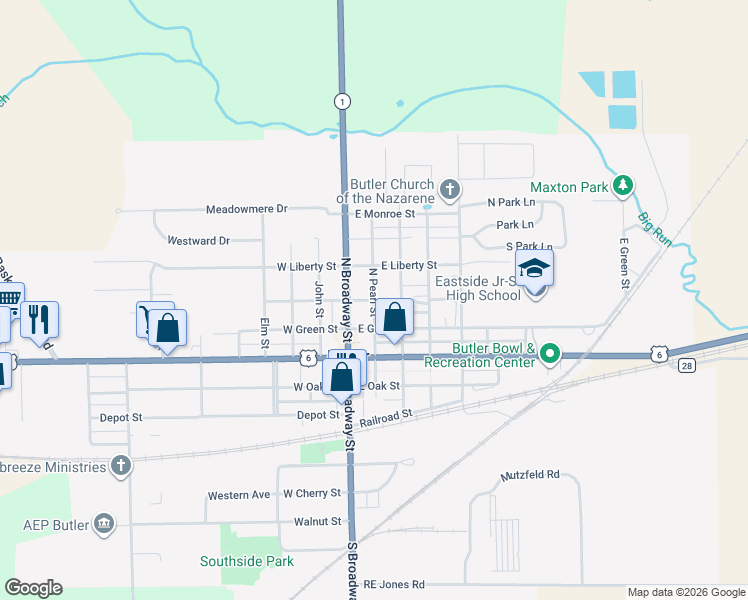 map of restaurants, bars, coffee shops, grocery stores, and more near 200 East Washington Street in Butler