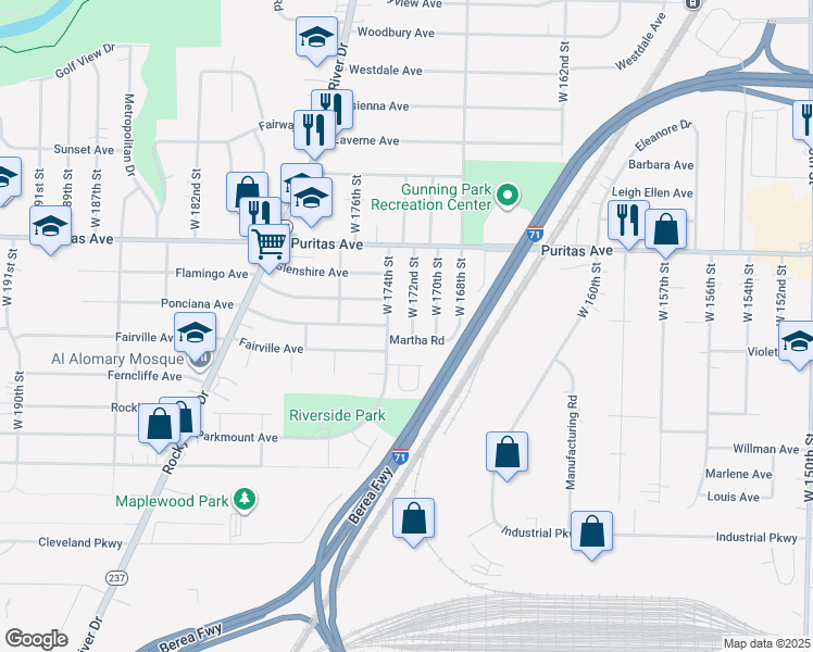 map of restaurants, bars, coffee shops, grocery stores, and more near 4532 West 172nd Street in Cleveland