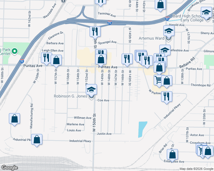 map of restaurants, bars, coffee shops, grocery stores, and more near 4520 W 148th St in Cleveland