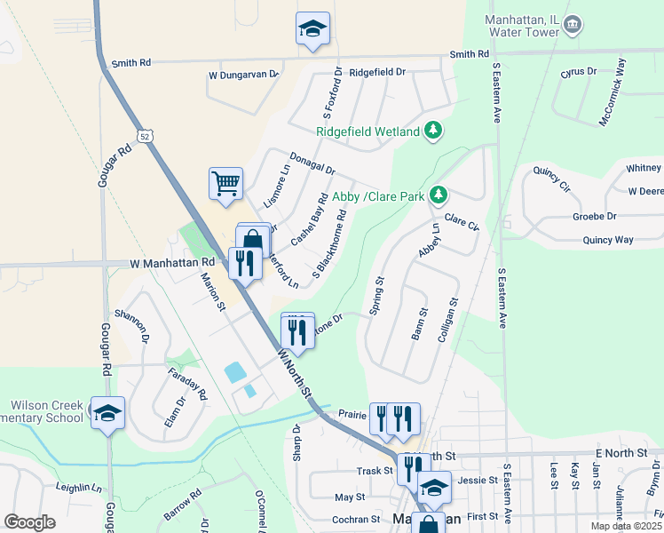 map of restaurants, bars, coffee shops, grocery stores, and more near 25105 South Blackthorne Road in Manhattan
