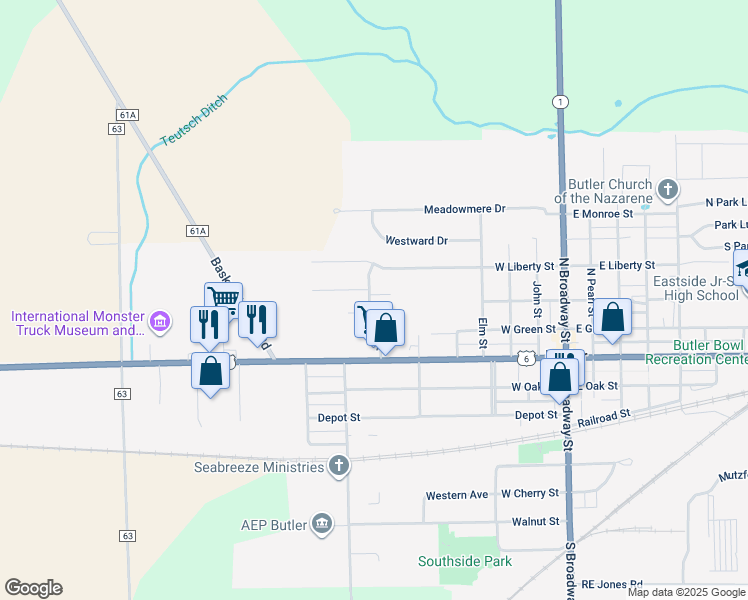 map of restaurants, bars, coffee shops, grocery stores, and more near 303 High Street in Butler