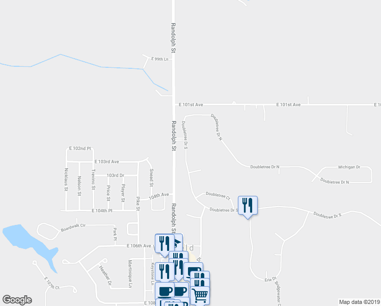 map of restaurants, bars, coffee shops, grocery stores, and more near 10281 Doubletree Drive South in Crown Point