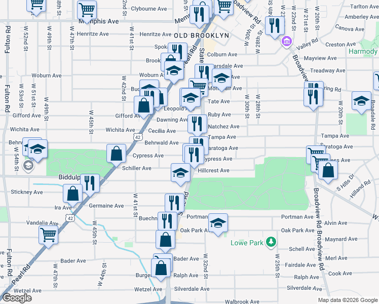 map of restaurants, bars, coffee shops, grocery stores, and more near 3520 Cypress Ave in Cleveland