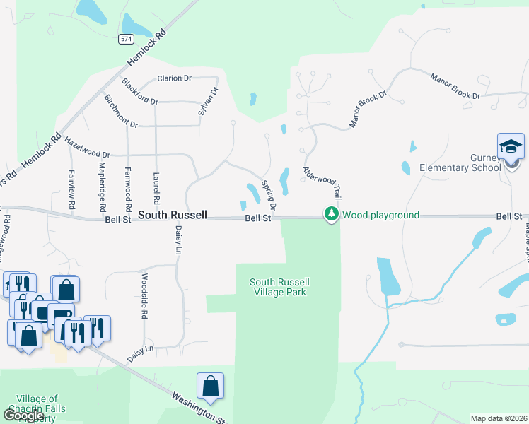 map of restaurants, bars, coffee shops, grocery stores, and more near 101 Spring Dr in Chagrin Falls