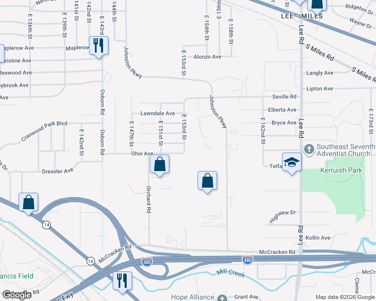 map of restaurants, bars, coffee shops, grocery stores, and more near 4697 East 153rd Street in Cleveland