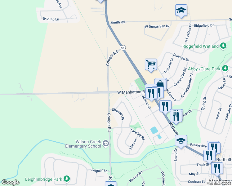 map of restaurants, bars, coffee shops, grocery stores, and more near 15927 West Manhattan Road in Manhattan