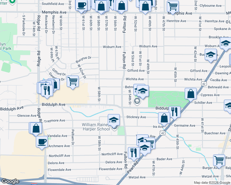 map of restaurants, bars, coffee shops, grocery stores, and more near 5520 Bangor Avenue in Cleveland