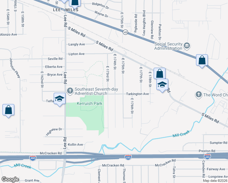 map of restaurants, bars, coffee shops, grocery stores, and more near 17321 Tarkington Avenue in Cleveland