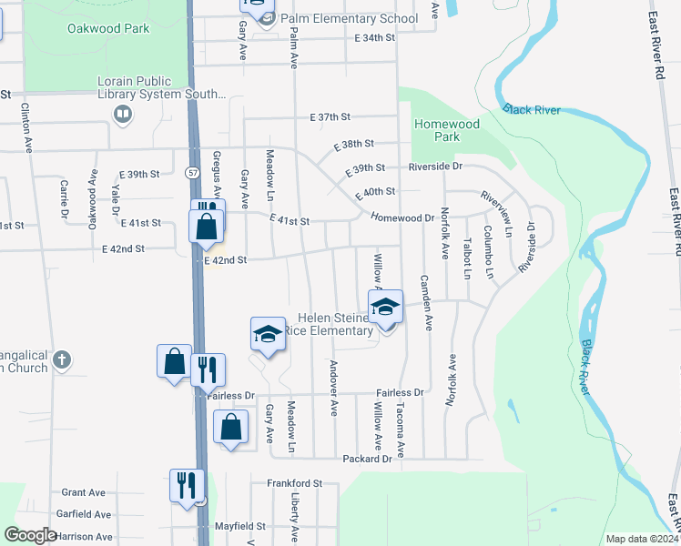 map of restaurants, bars, coffee shops, grocery stores, and more near 4221 Andover Avenue in Lorain