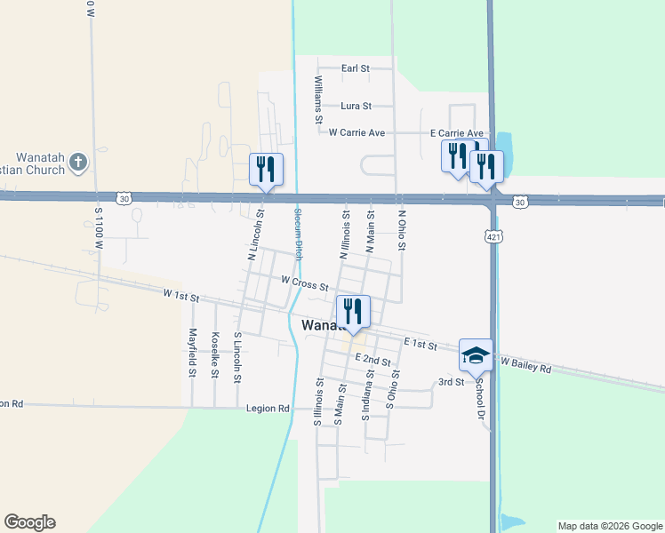 map of restaurants, bars, coffee shops, grocery stores, and more near 205 North Illinois Street in Wanatah