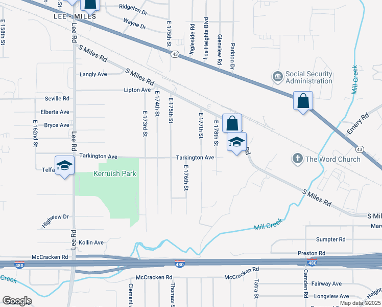 map of restaurants, bars, coffee shops, grocery stores, and more near 17609 Tarkington Avenue in Cleveland