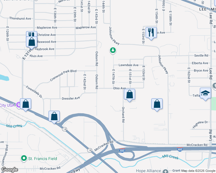 map of restaurants, bars, coffee shops, grocery stores, and more near 14407 Ohio Avenue in Cleveland