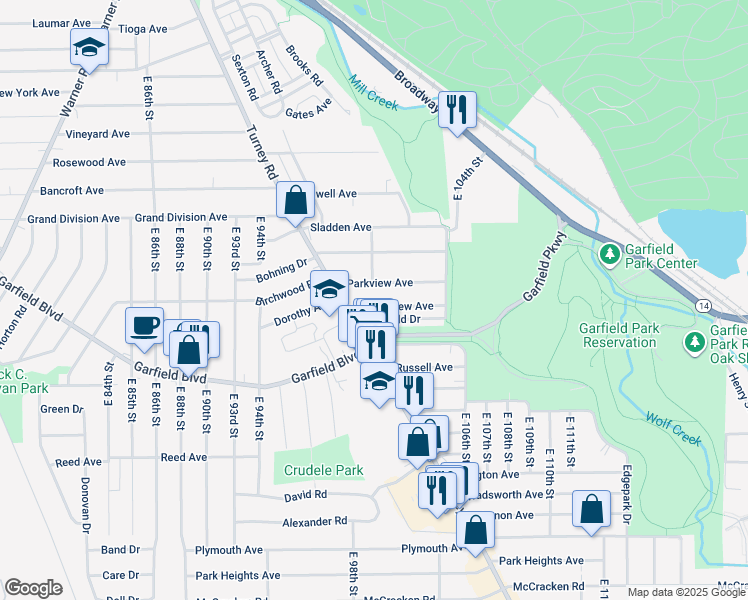 map of restaurants, bars, coffee shops, grocery stores, and more near 9915 Greenview Avenue in Garfield Heights