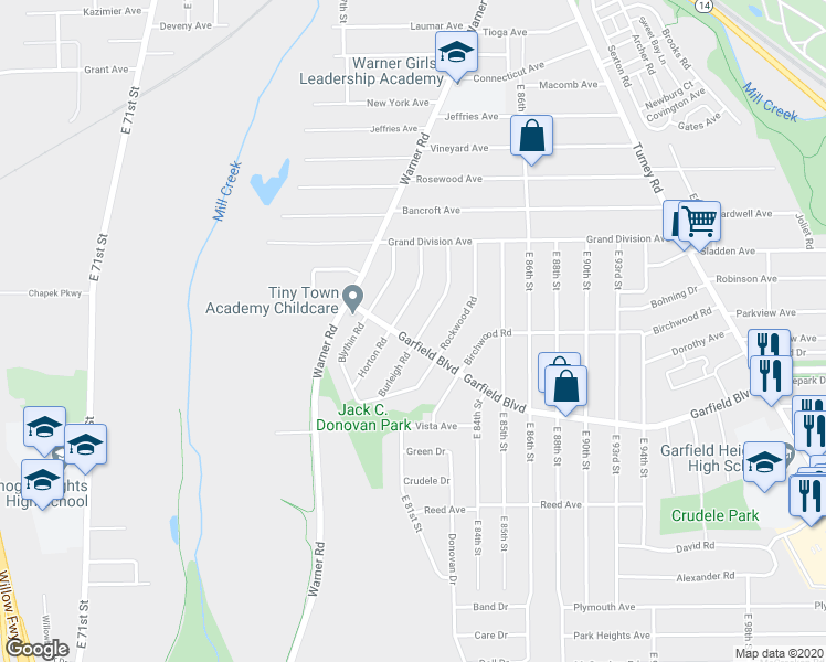 map of restaurants, bars, coffee shops, grocery stores, and more near 8032 Garfield Boulevard in Garfield Heights
