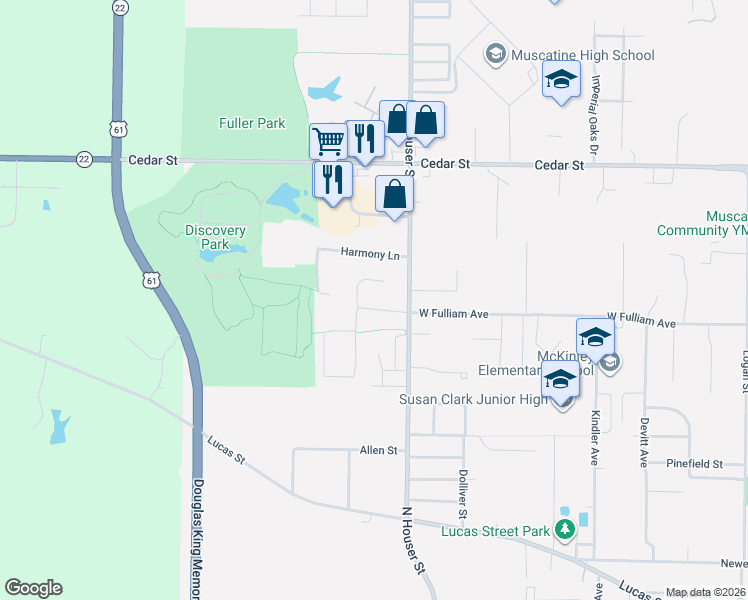 map of restaurants, bars, coffee shops, grocery stores, and more near 1801-1807 Duncan Drive in Muscatine