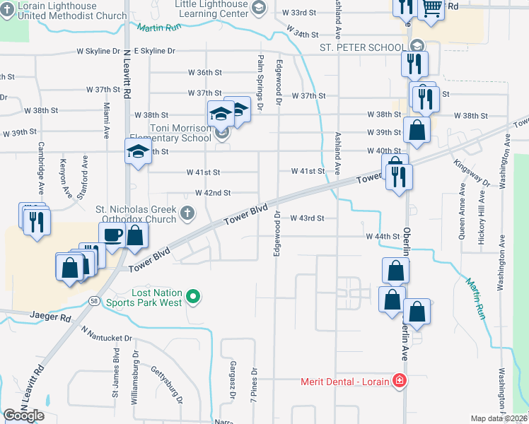map of restaurants, bars, coffee shops, grocery stores, and more near 1711 Tower Boulevard in Lorain