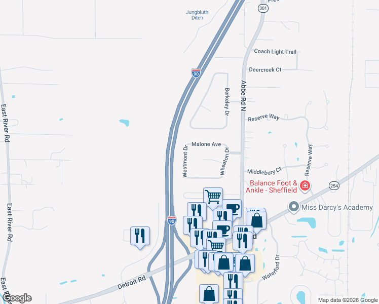 map of restaurants, bars, coffee shops, grocery stores, and more near 4375 Westmont Drive in Sheffield