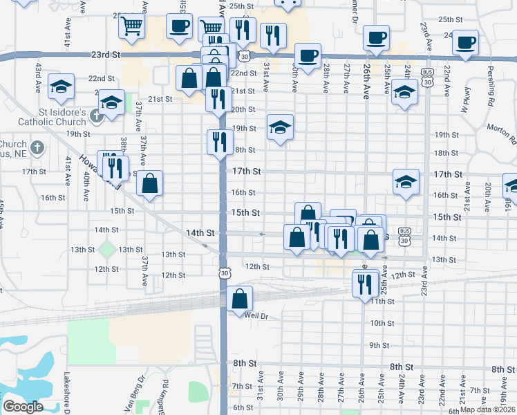 map of restaurants, bars, coffee shops, grocery stores, and more near 3100-3198 15th Street in Columbus