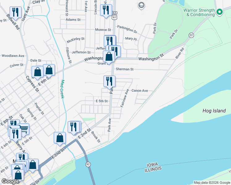map of restaurants, bars, coffee shops, grocery stores, and more near 106 Canon Ave in Muscatine