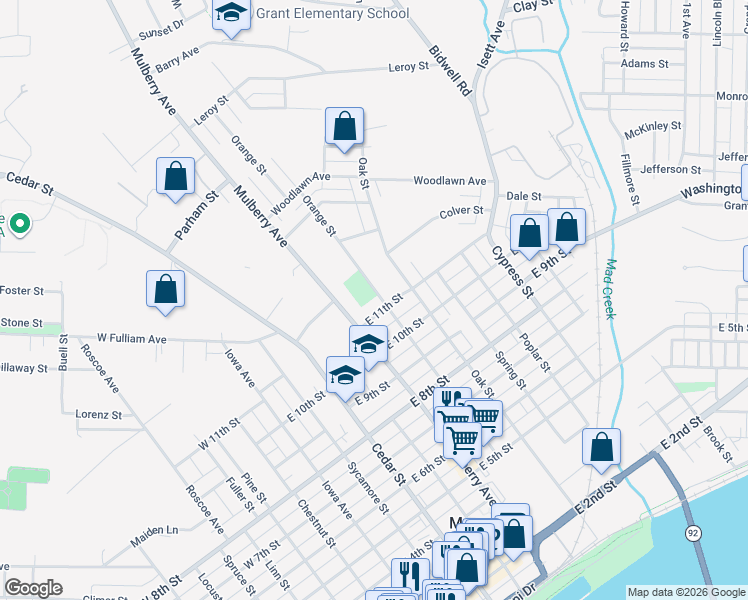map of restaurants, bars, coffee shops, grocery stores, and more near 1108 Orange Street in Muscatine