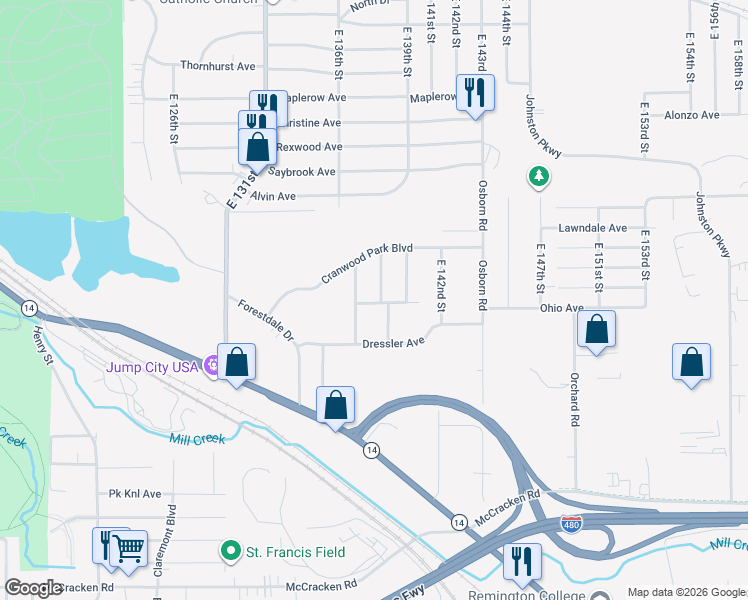 map of restaurants, bars, coffee shops, grocery stores, and more near 4724 Hillside Avenue in Garfield Heights