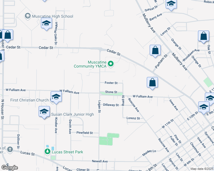 map of restaurants, bars, coffee shops, grocery stores, and more near 1712 Foster St in Muscatine