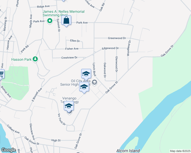 map of restaurants, bars, coffee shops, grocery stores, and more near 10 Lynch Boulevard in Oil City