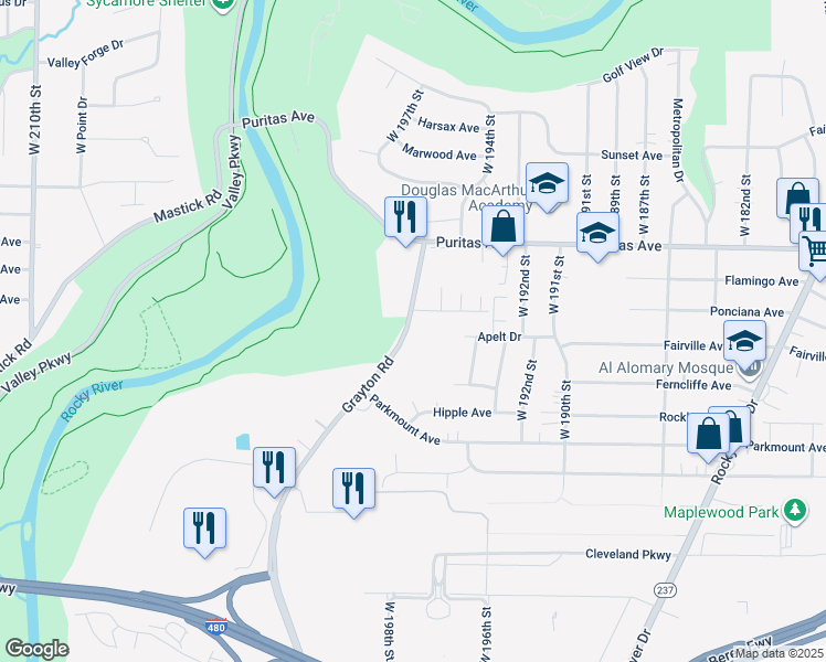 map of restaurants, bars, coffee shops, grocery stores, and more near 4549 Grayton Road in Cleveland