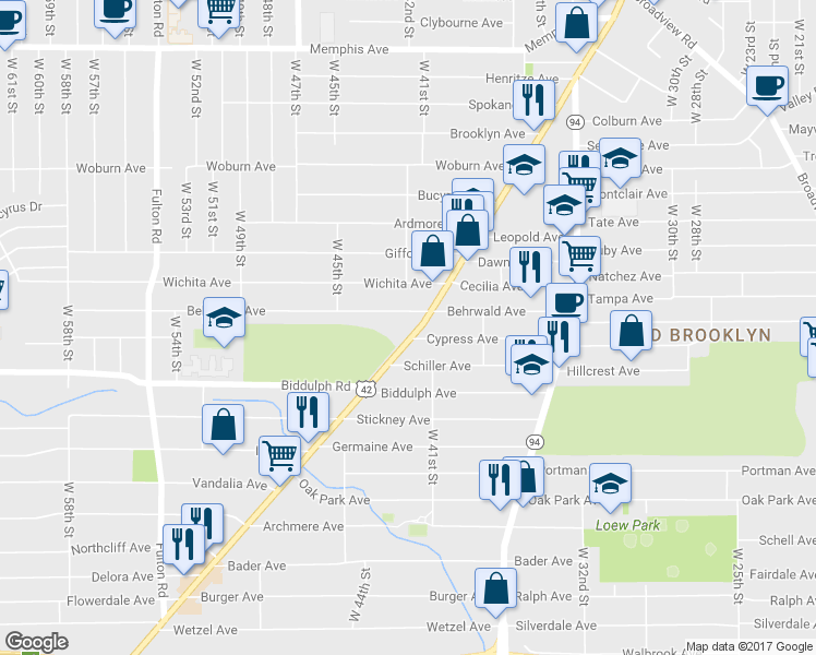 map of restaurants, bars, coffee shops, grocery stores, and more near 4554 Pearl Road in Cleveland