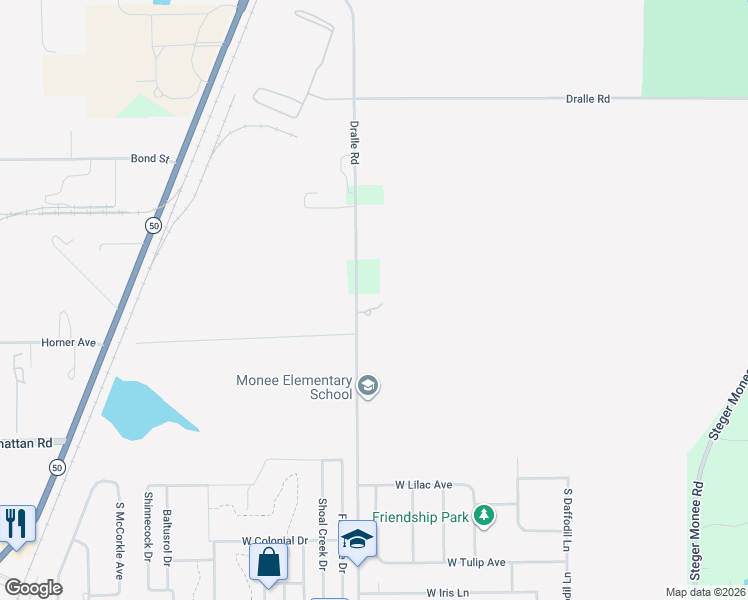map of restaurants, bars, coffee shops, grocery stores, and more near 25241 South Will Center Road in Monee