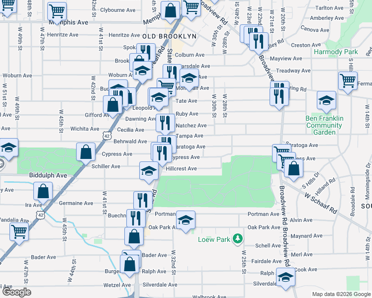 map of restaurants, bars, coffee shops, grocery stores, and more near 3201 Saratoga Avenue in Cleveland