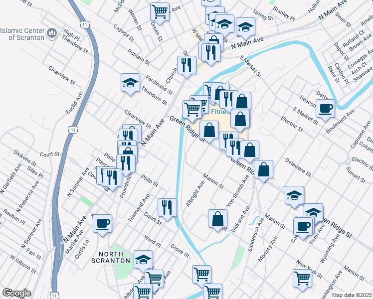 map of restaurants, bars, coffee shops, grocery stores, and more near 1501 Ross Ave in Scranton
