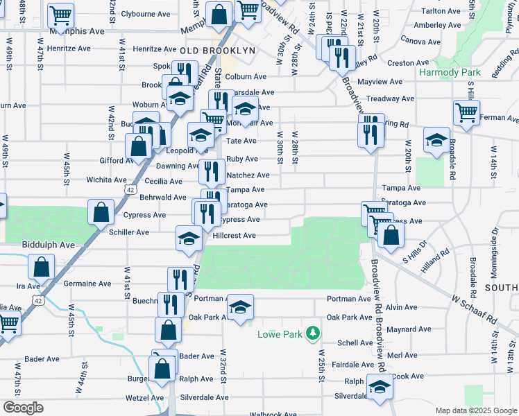 map of restaurants, bars, coffee shops, grocery stores, and more near 3107 Saratoga Avenue in Cleveland