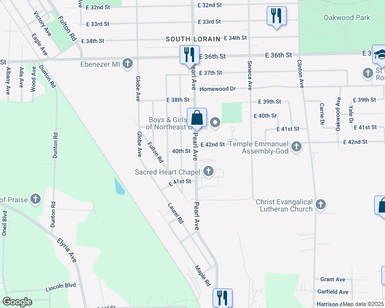 map of restaurants, bars, coffee shops, grocery stores, and more near 4010 Pearl Avenue in Lorain