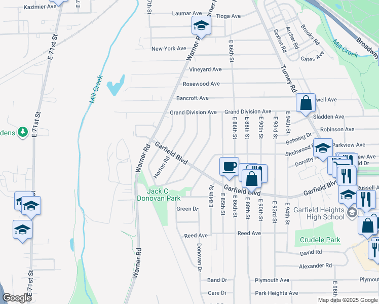 map of restaurants, bars, coffee shops, grocery stores, and more near 4699 Burleigh Road in Garfield Heights