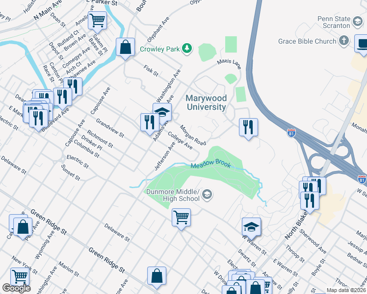 map of restaurants, bars, coffee shops, grocery stores, and more near 2202 Jefferson Ave in Dunmore