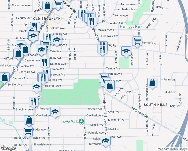 map of restaurants, bars, coffee shops, grocery stores, and more near 2309 Saratoga Avenue in Cleveland