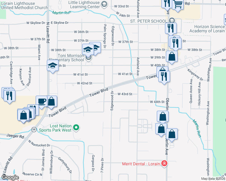 map of restaurants, bars, coffee shops, grocery stores, and more near 4211 Edgewood Drive in Lorain